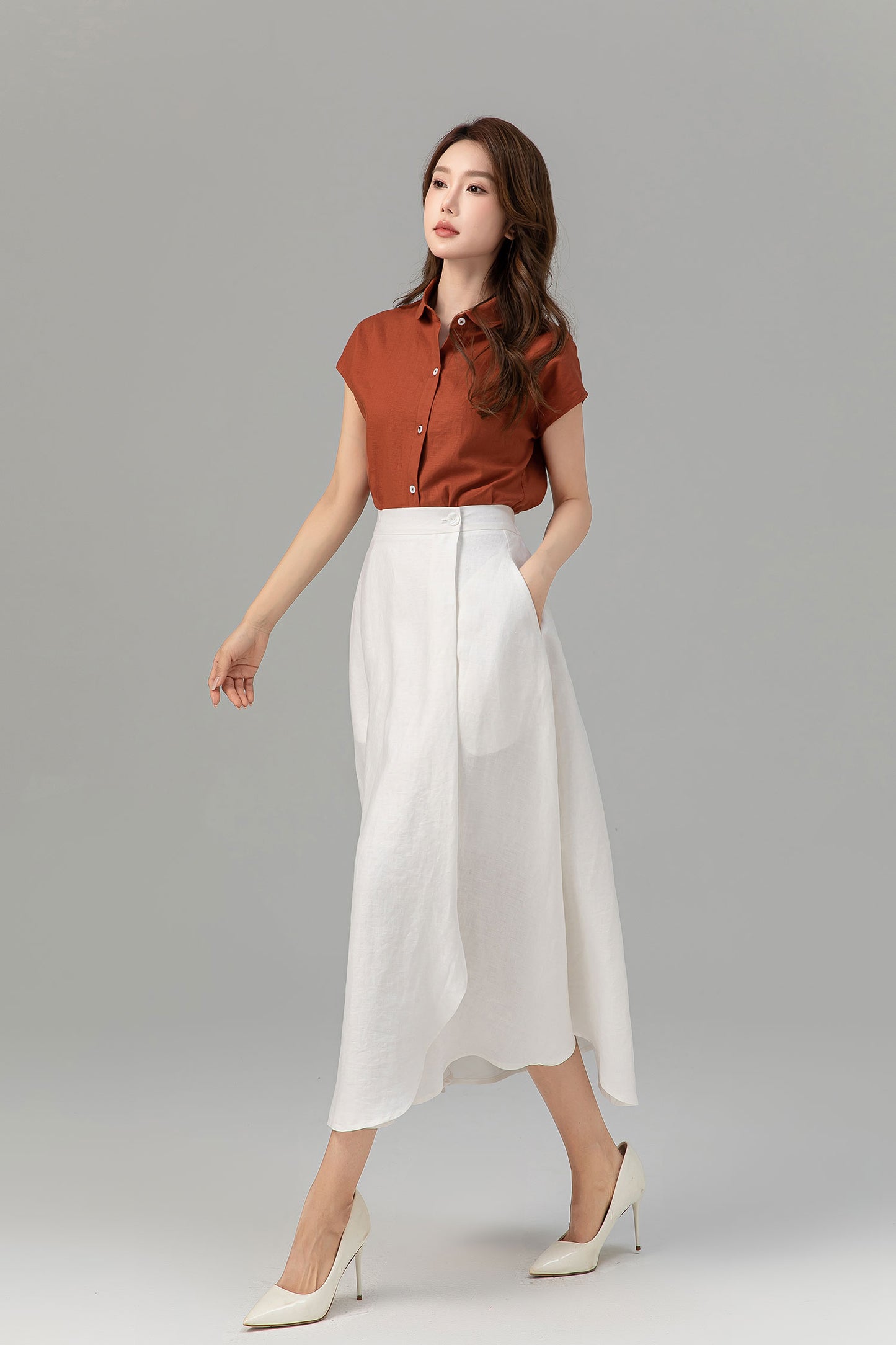 Swing a line white wrap summer linen skirt 4932