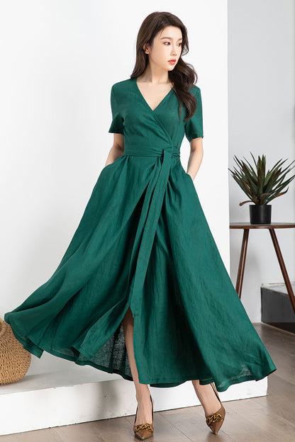 Wine Red Linen Wrap Midi Dress - A-Line Silhouette 4248