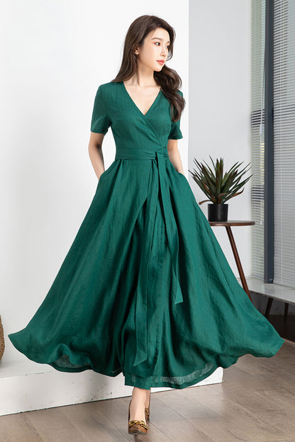 Green Wrap Linen dress 4248