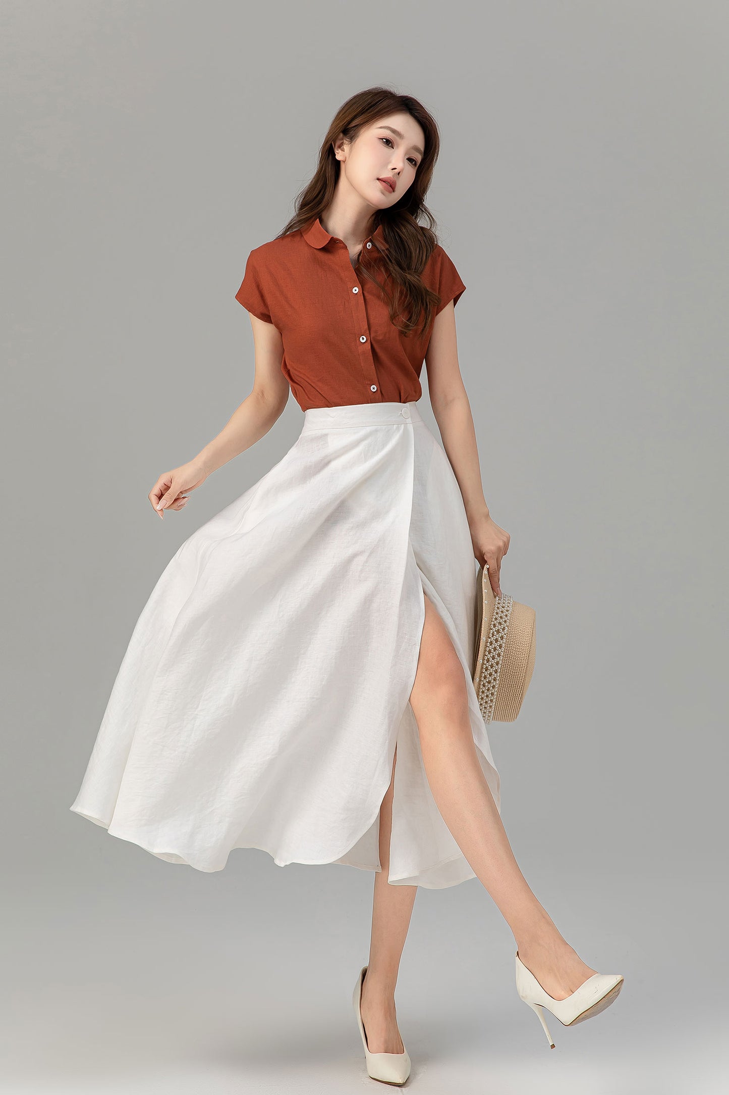 Swing a line white wrap summer linen skirt 4932