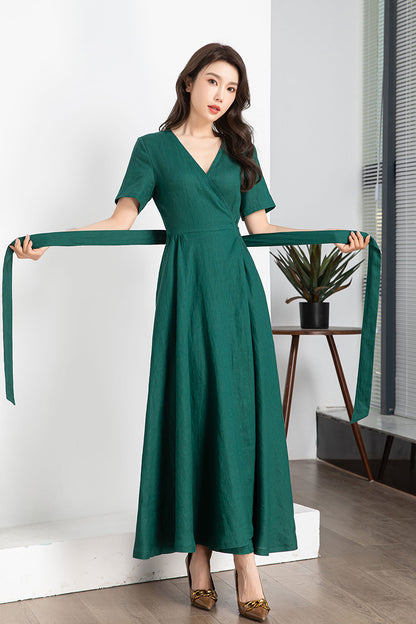 Wine Red Linen Wrap Midi Dress - A-Line Silhouette 4248