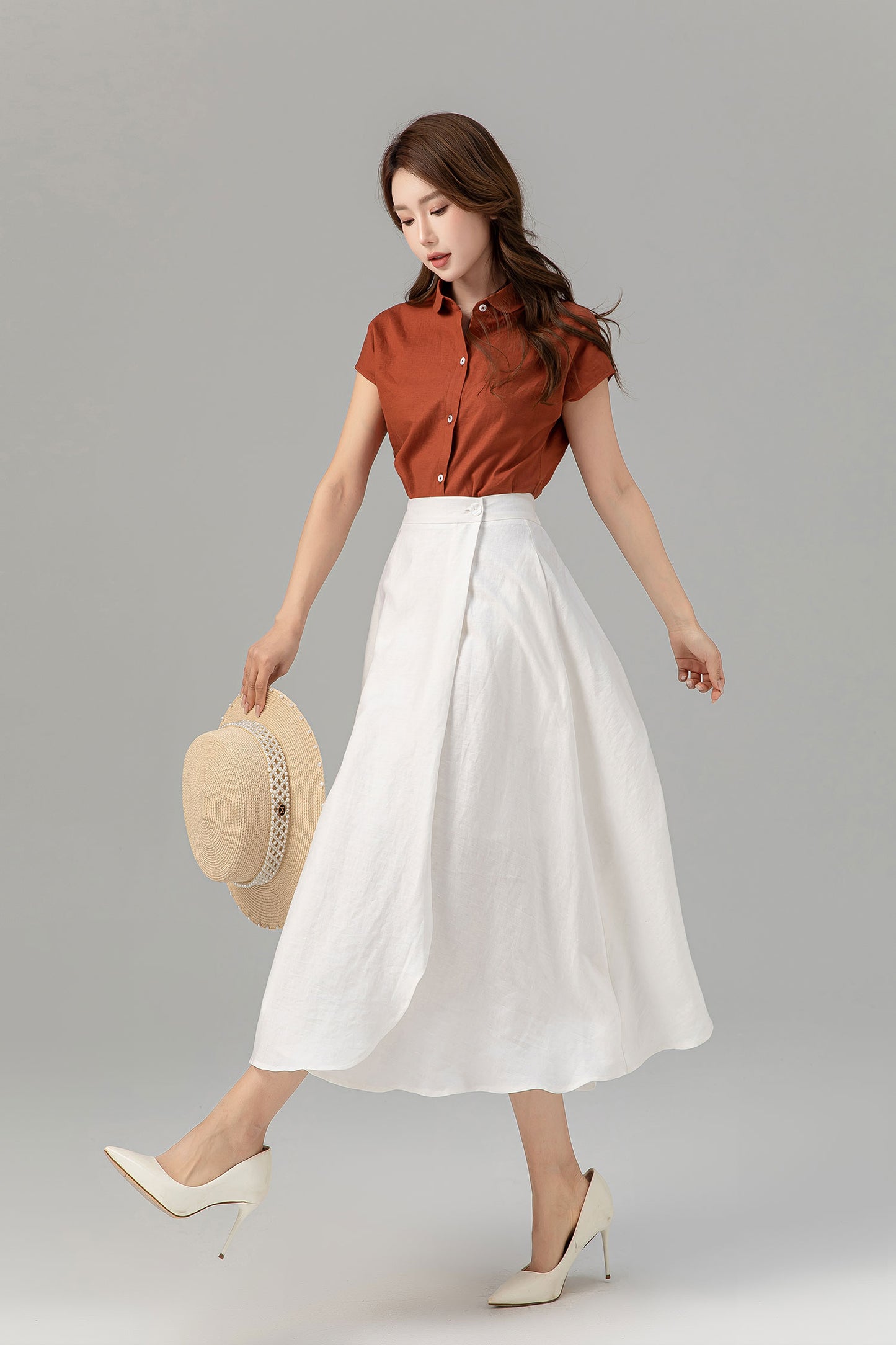 Swing a line white wrap summer linen skirt 4932