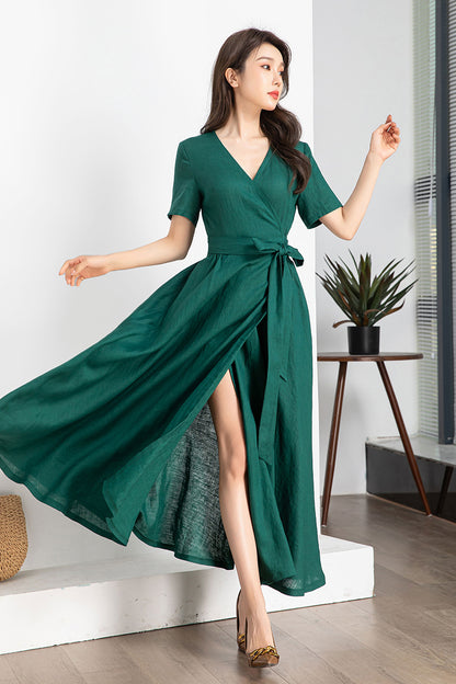Wine Red Linen Wrap Midi Dress - A-Line Silhouette 4248