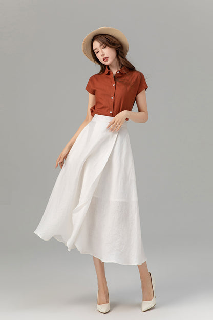 Swing a line white wrap summer linen skirt 4932