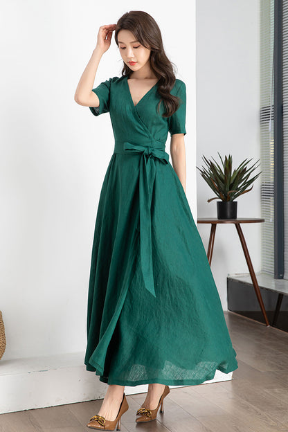 Wine Red Linen Wrap Midi Dress - A-Line Silhouette 4248