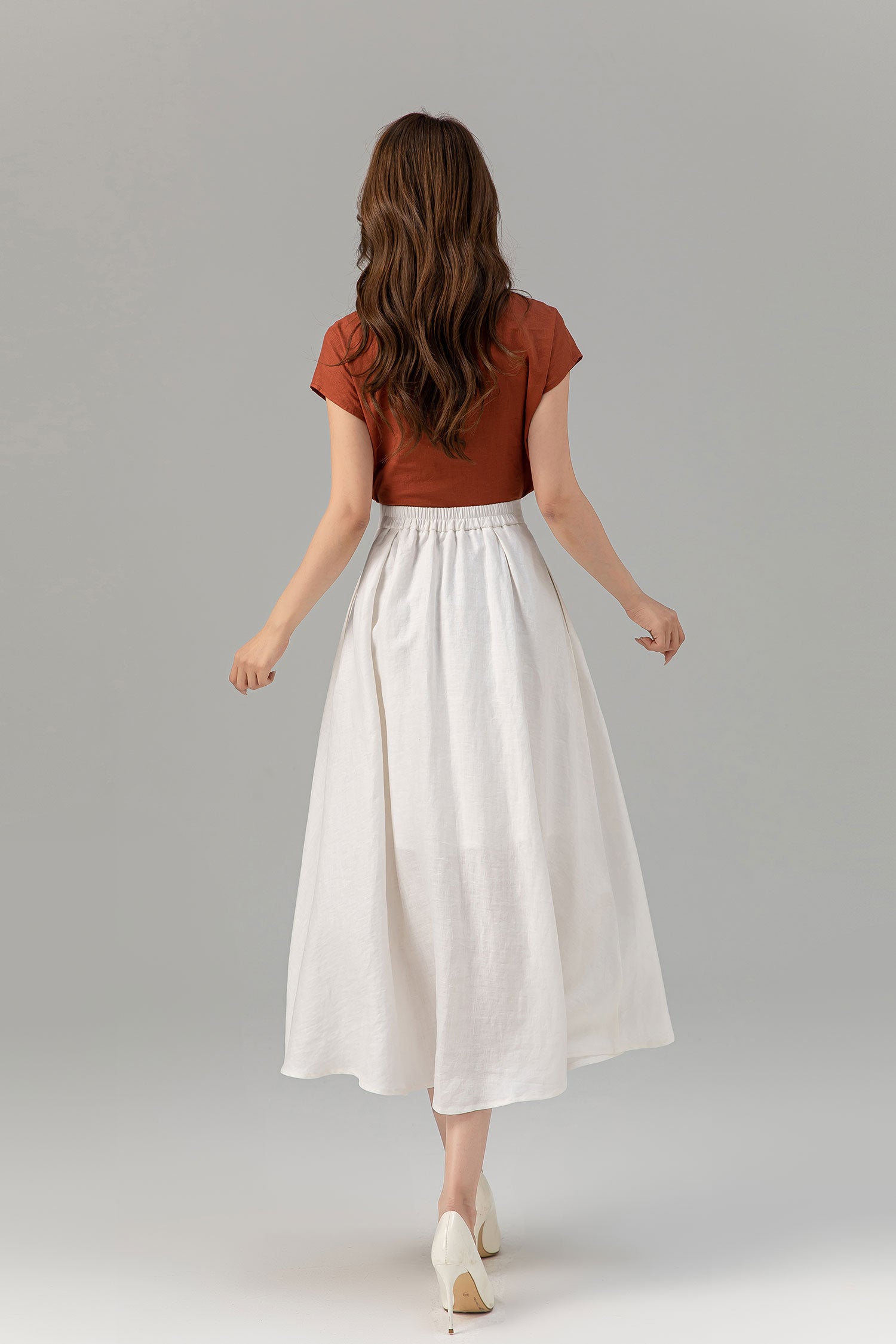White Linen Midi Swing A-Line Skirt with Wrap Detail - Elegant