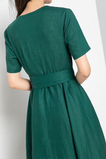 Wine Red Linen Wrap Midi Dress - A-Line Silhouette 4248