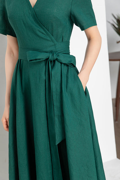 Wine Red Linen Wrap Midi Dress - A-Line Silhouette 4248
