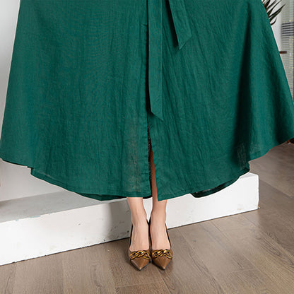 Wine Red Linen Wrap Midi Dress - A-Line Silhouette 4248