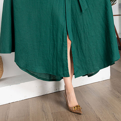 Wine Red Linen Wrap Midi Dress - A-Line Silhouette 4248