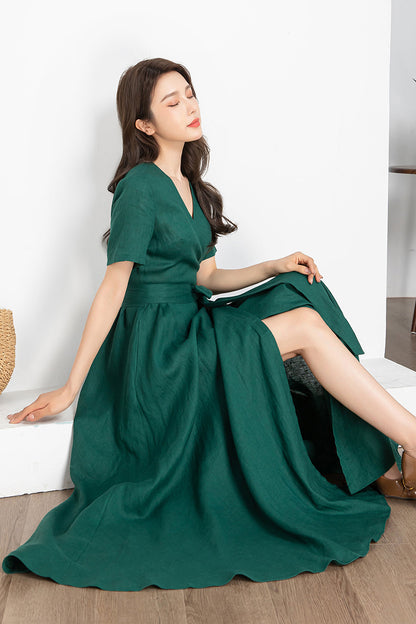 Wine Red Linen Wrap Midi Dress - A-Line Silhouette 4248