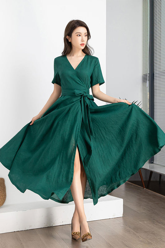 Green Wrap Linen dress 4248