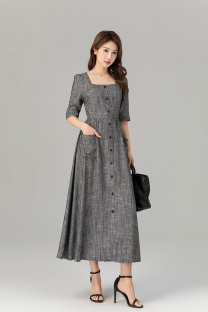 Gray Linen Cotton Midi Dress - Button-Up, Square Neckline 4933