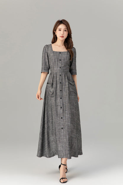 Gray Linen Cotton Midi Dress - Button-Up, Square Neckline 4933