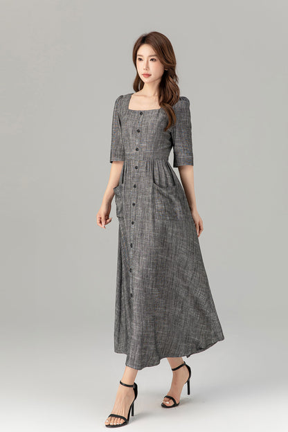 Gray Linen Cotton Midi Dress - Button-Up, Square Neckline 4933
