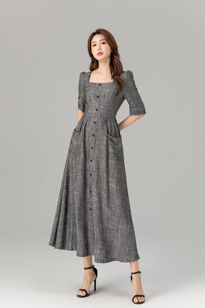 Gray Linen Cotton Midi Dress - Button-Up, Square Neckline 4933