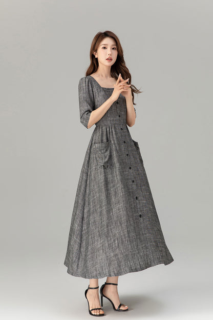 Gray Linen Cotton Midi Dress - Button-Up, Square Neckline 4933