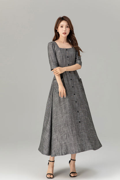 Gray Linen Cotton Midi Dress - Button-Up, Square Neckline 4933