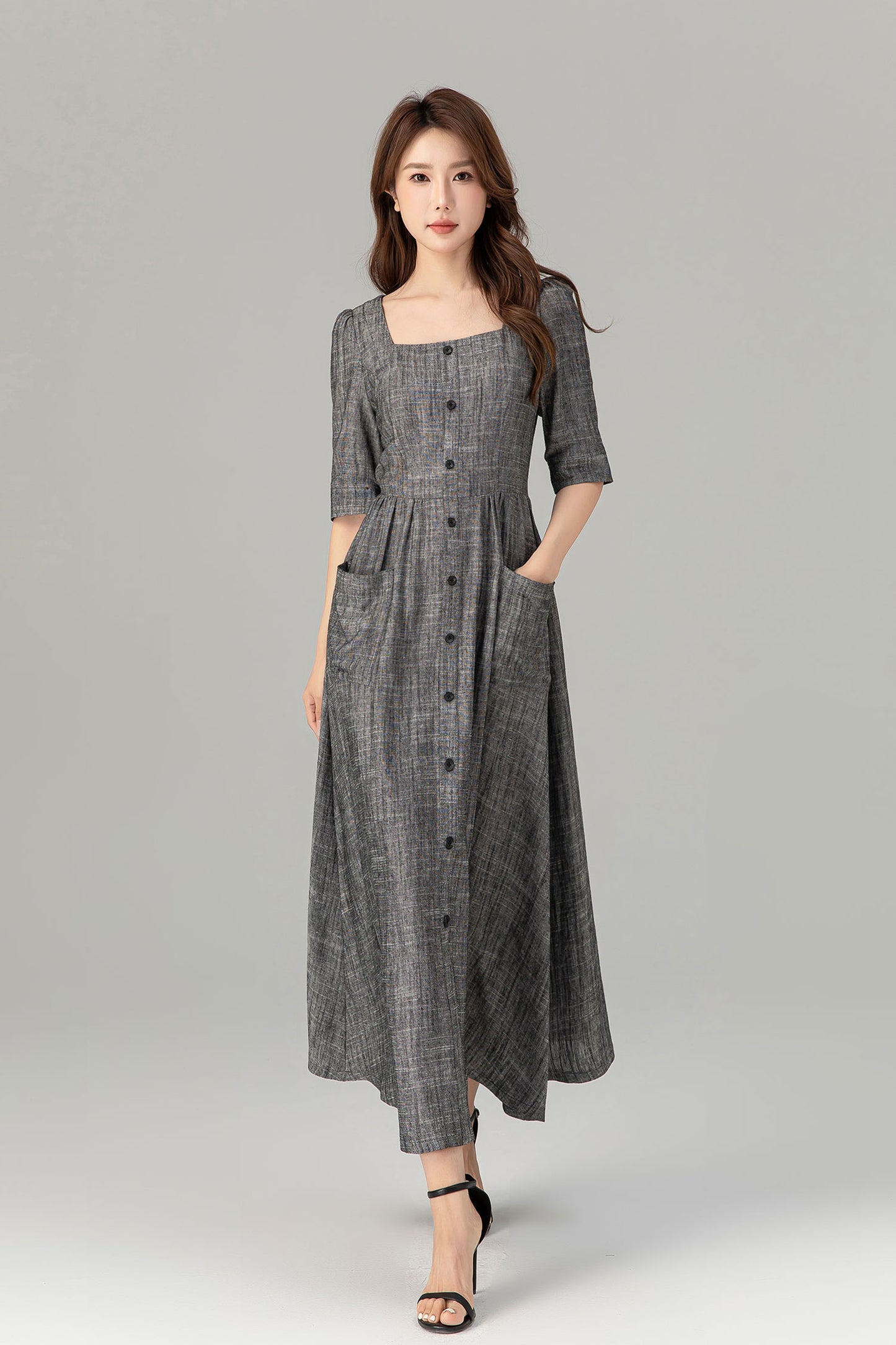 Gray button up midi linen dress with pockets 4933
