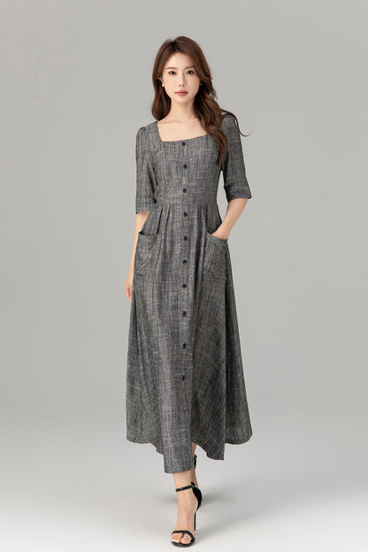 Gray Linen Cotton Midi Dress - Button-Up, Square Neckline 4933