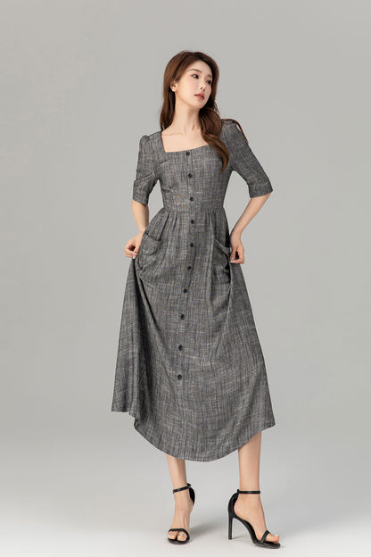 Gray Linen Cotton Midi Dress - Button-Up, Square Neckline 4933