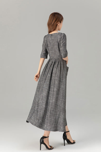 Gray Linen Cotton Midi Dress - Button-Up, Square Neckline 4933