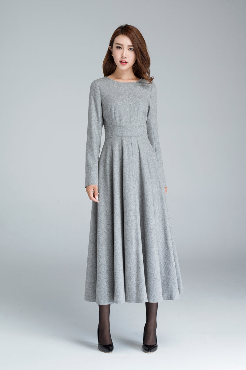 Women Gray Long Swing Wool Dress 1616
