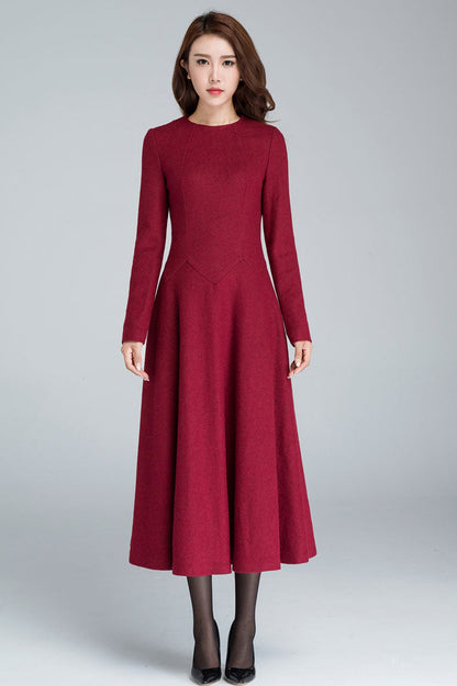 Red Wool Midi Dress - A-Line Silhouette with Long Sleeves 1618