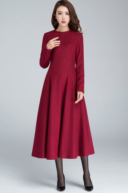 Red Wool Midi Dress - A-Line Silhouette with Long Sleeves 1618