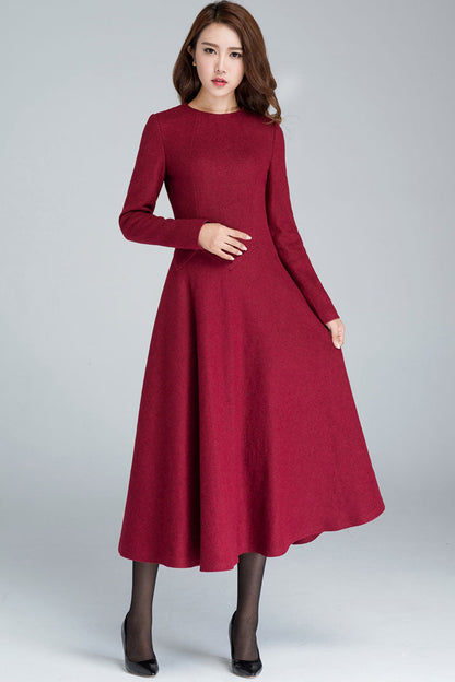 Red Wool Midi Dress - A-Line Silhouette with Long Sleeves 1618