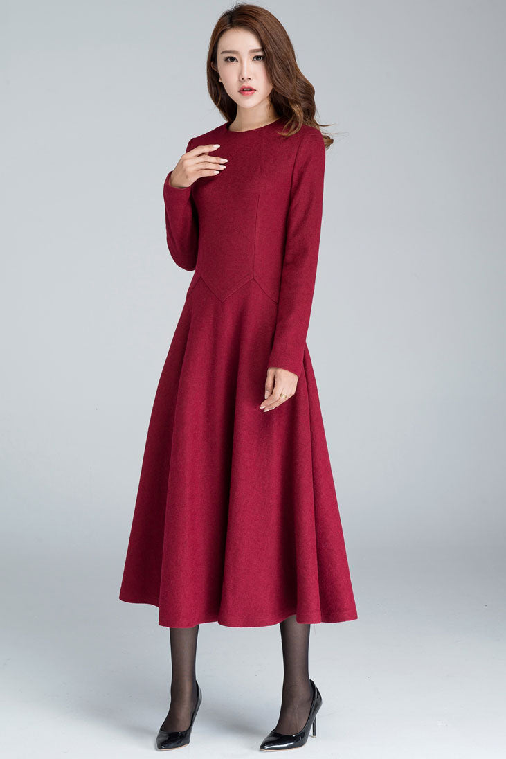 Red Midi winter Wool dress women 1618