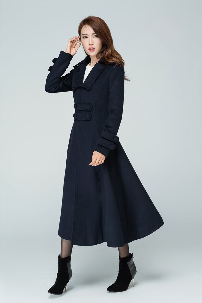 Navy Wool Long Coat – Classic Military-Inspired Winter Midi | Xiaolizi 1598