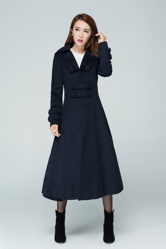 Navy Wool Long Coat – Classic Military-Inspired Winter Midi | Xiaolizi 1598