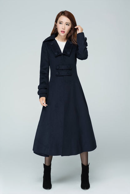Navy Wool Long Coat – Classic Military-Inspired Winter Midi | Xiaolizi 1598