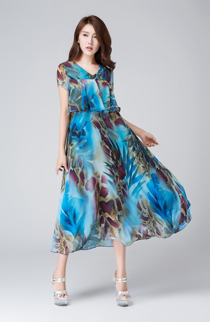 Artistic Blue Chiffon Dress with Flowing Silhouette 1537