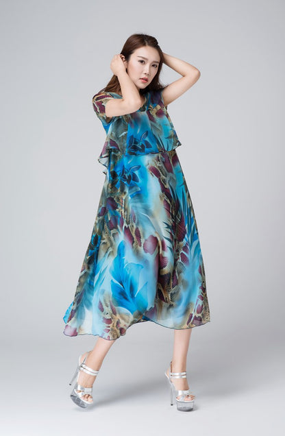 Artistic Blue Chiffon Dress with Flowing Silhouette 1537