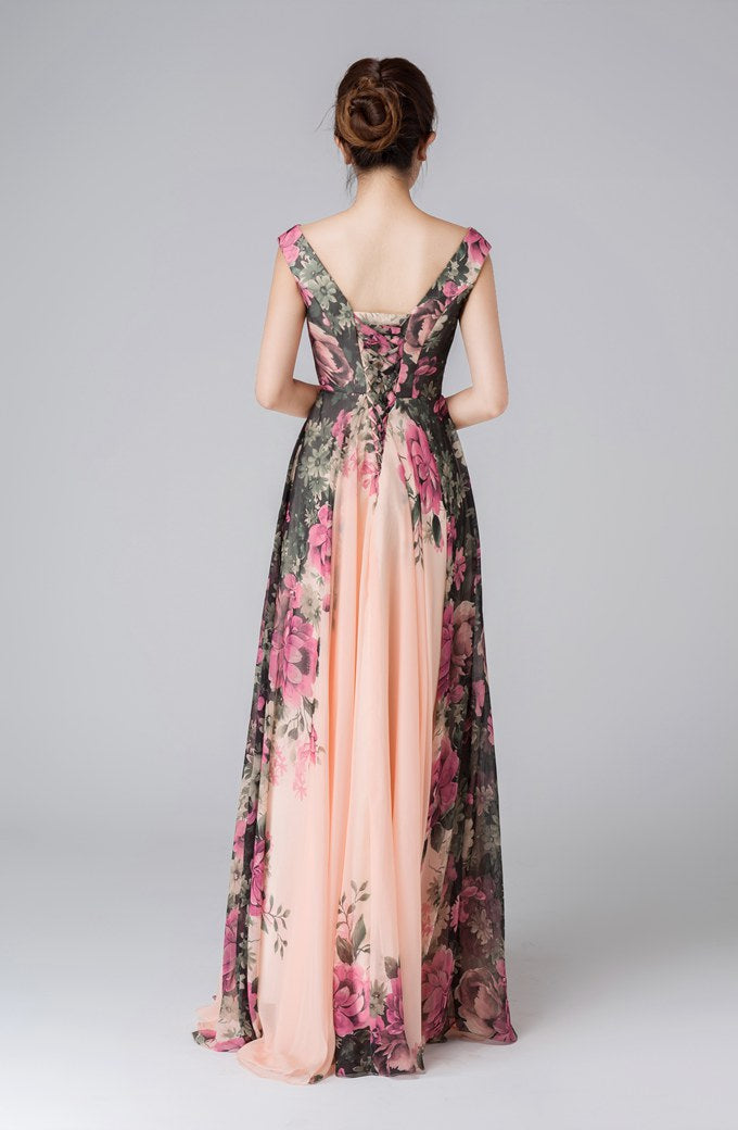 floral printed prom chiffon dress women 1543