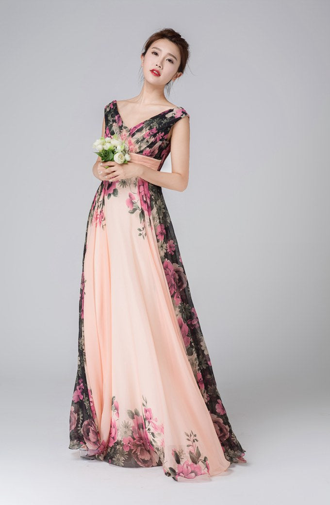 floral printed prom chiffon dress women 1543