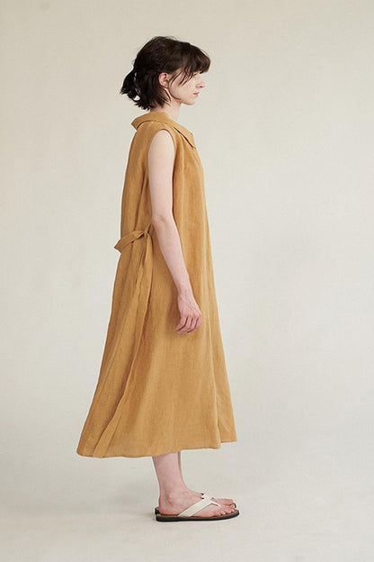 Army Green Linen Sleeveless Dress - Button Front, Lapel Collar 4310