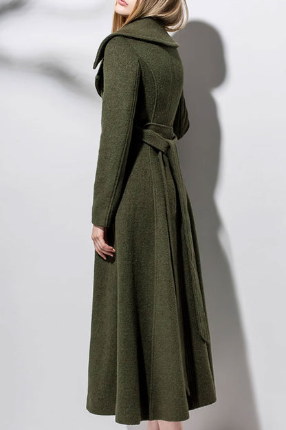 Army Green Wool Coat - Double Breasted, Long Sleeve Winter Elegance 4716