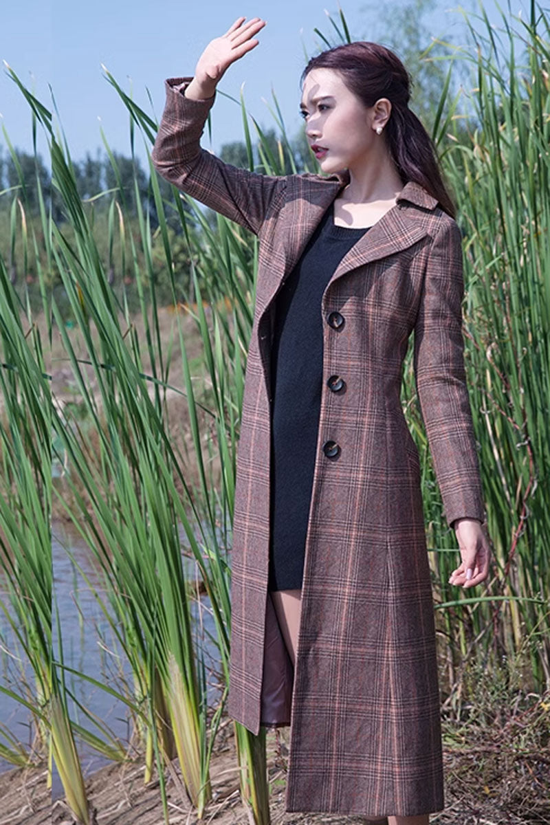 Plaid winter wool coat with pockets 4593