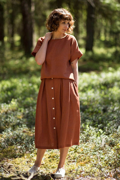 Blue Linen Midi Skirt - Button Front with Pockets 4353