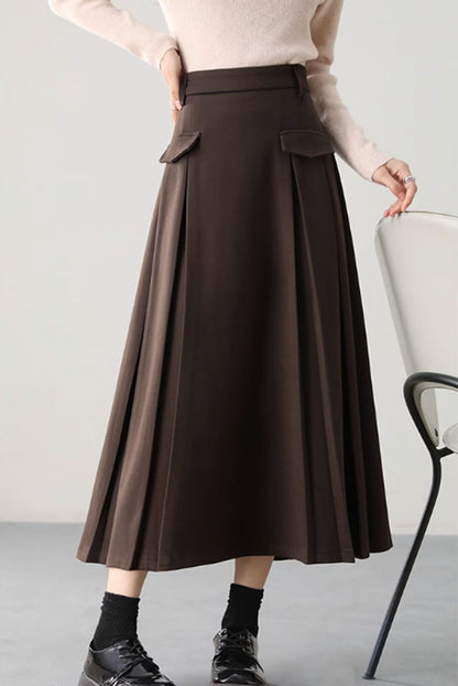 Brown Wool Blend Midi Skirt - A-Line Sophistication 4758