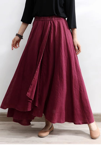Burgundy Linen Cotton Maxi Skirt - Asymmetrical Soft Flow 4301