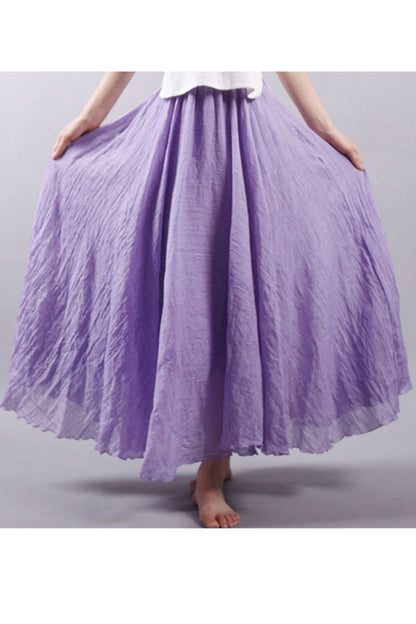 Purple Linen Maxi Skirt - Pleated Swing, Elastic Waist 4327