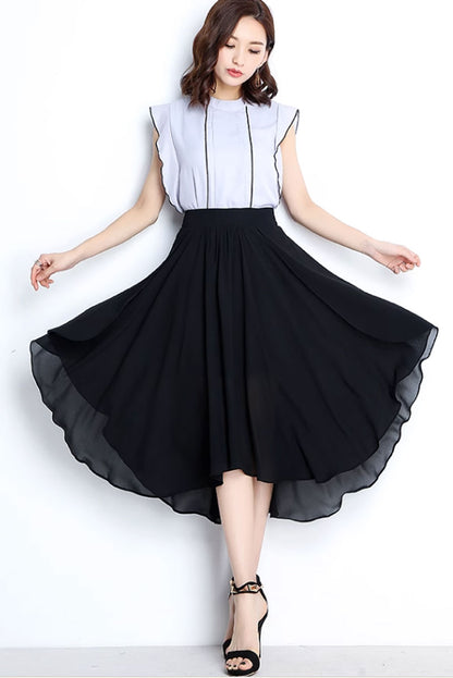 Black Chiffon Skirt - Irregular Hemline with Back Elastic Waist 4471