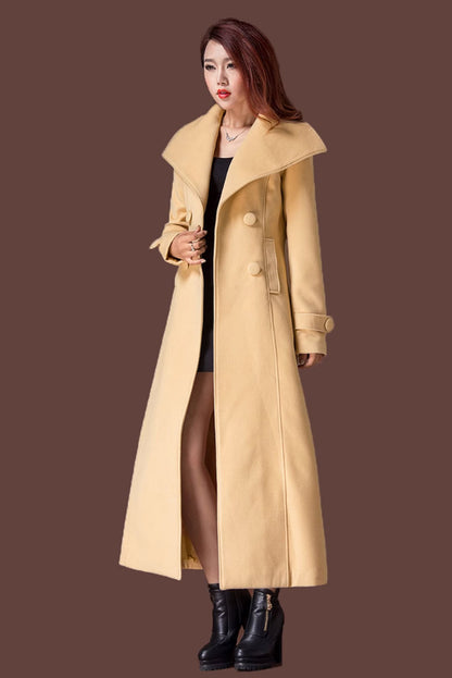 Red Wool Long Coat - Tie Belt, Big Collar Winter Outerwear 4689