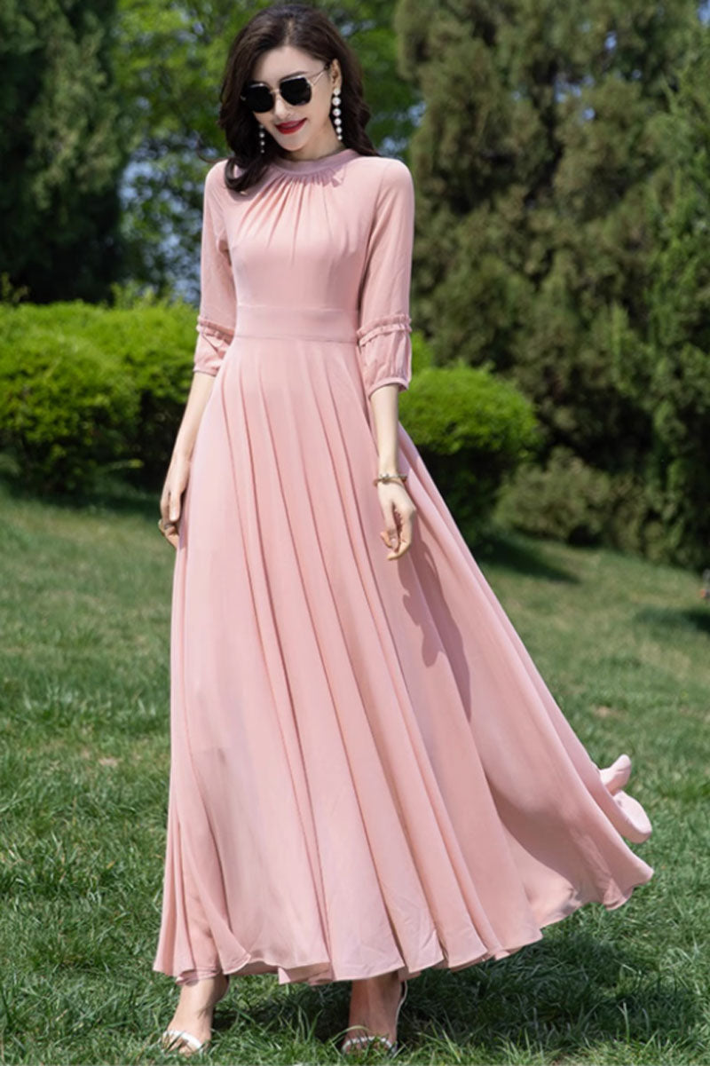 Pink Chiffon Maxi Dress - Fit and Flare with Ruffle Sleeves 4458