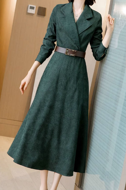 Green Wool Corduroy Dress - Long Sleeve, Tie Belt Waist 4561