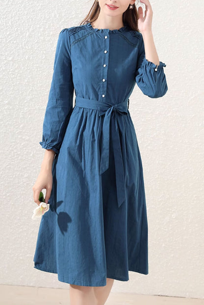 Blue Cotton Dress - Tie Belt with Ruffle Details 4889